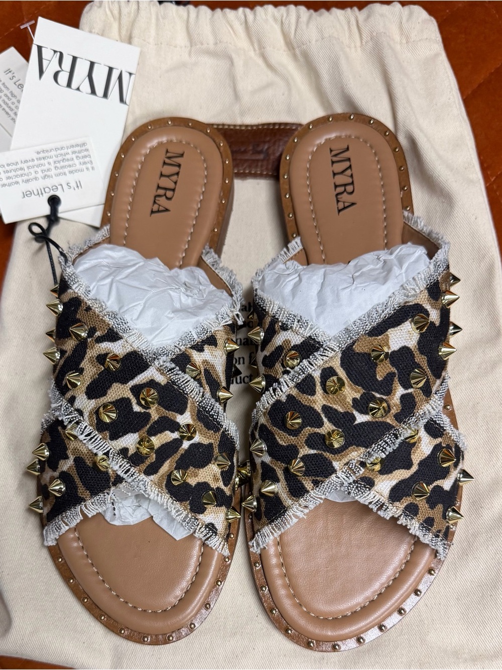 Myra Bag Leopard Print Studded Slide Sandals - Tan/Black Women’s Size 9 New